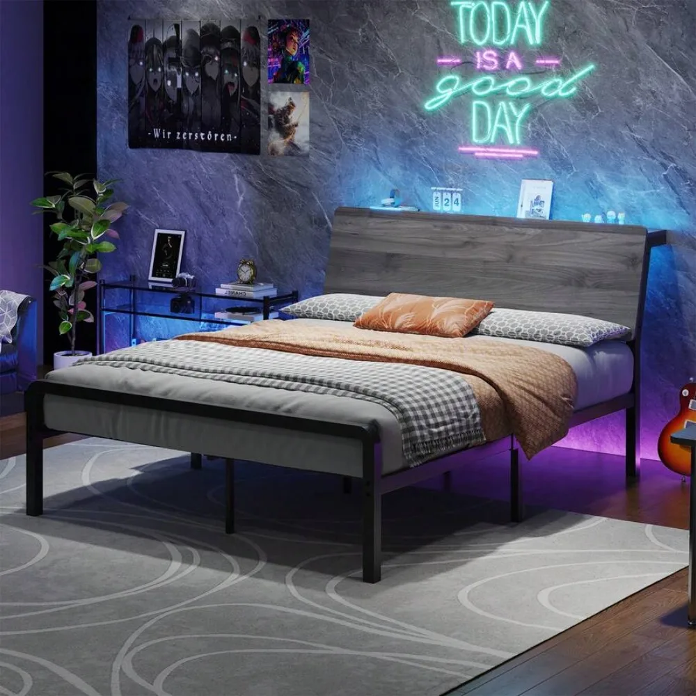 

Twin LED Bed Frame With Storage Headboard, With Wooden Headboard, Under Bed Storage,No Box Spring Required,Twin Metal Bed Frame