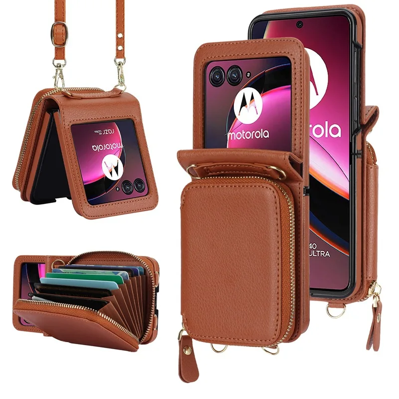 Crossbody Wrist Strap Zipper Purse Phone Case for Motorola Razr 40 Ultra Moto Razr40 2023 Leather Wallet  with Card Holder Cover