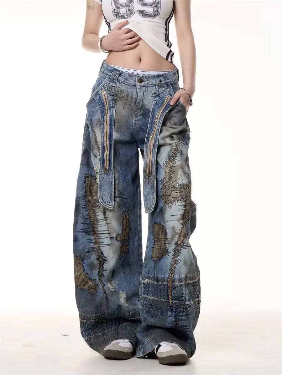 American Heavy Industry Denim Pants Y2K Retro Messy Needle Ribbon Embroidery Wash Loose Casual High Waist Wide Leg Jeans