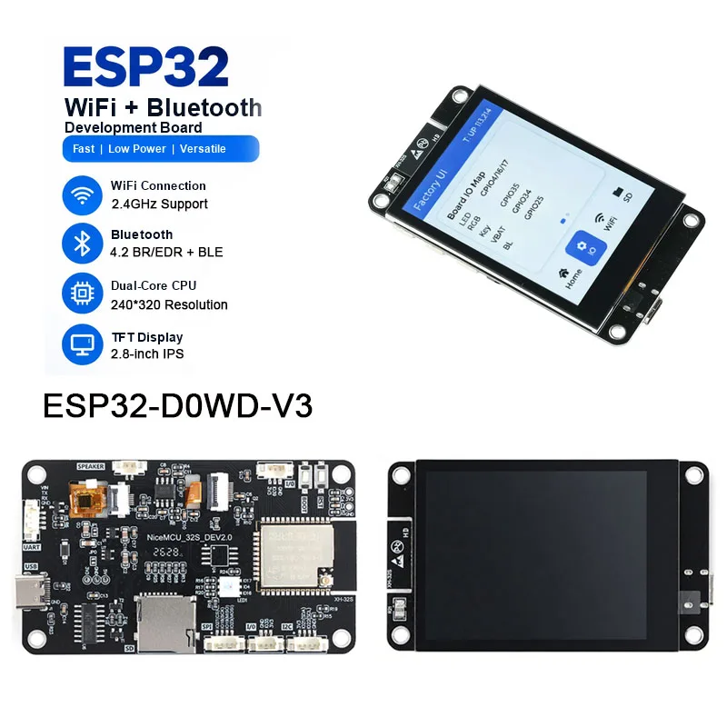 ESP32 WiFi Bluetooth Development Board with 2.8 Inch IPS Touch Screen 240x320 Resolution Type C Interface for IoT Projects
