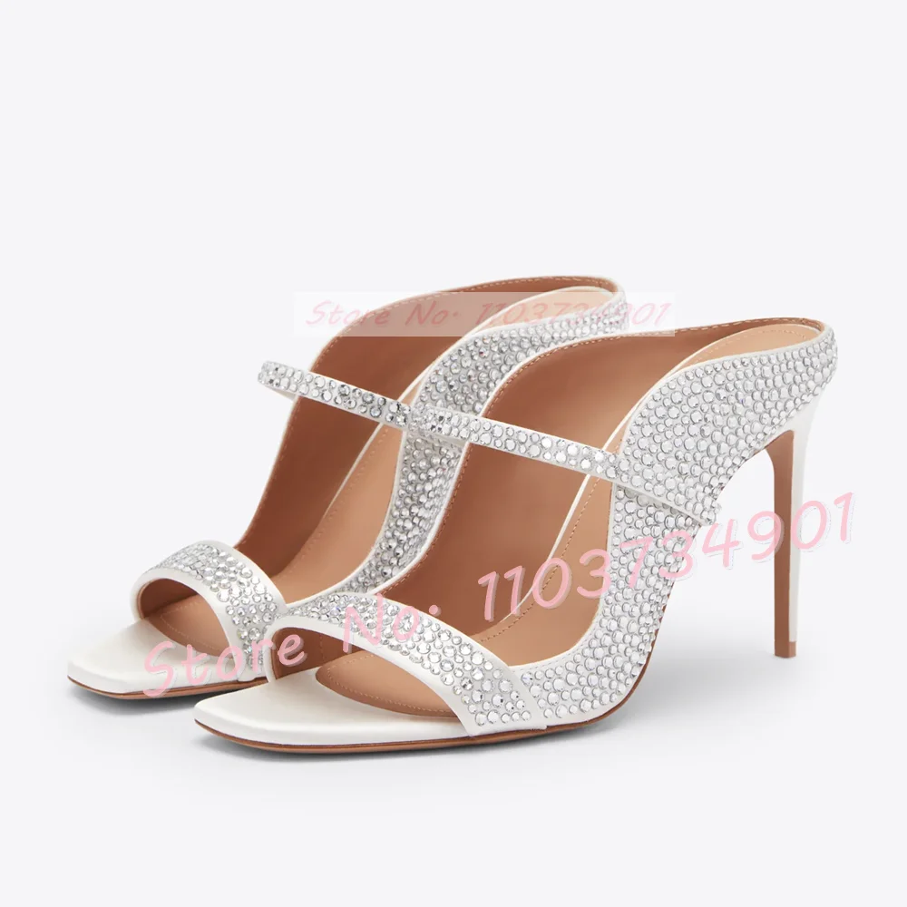 Sparkly Crystals Open Toe White Mules Women Fashion Studded Square Toe High Heels Satin Shoes Female Elegant Evening Slippers