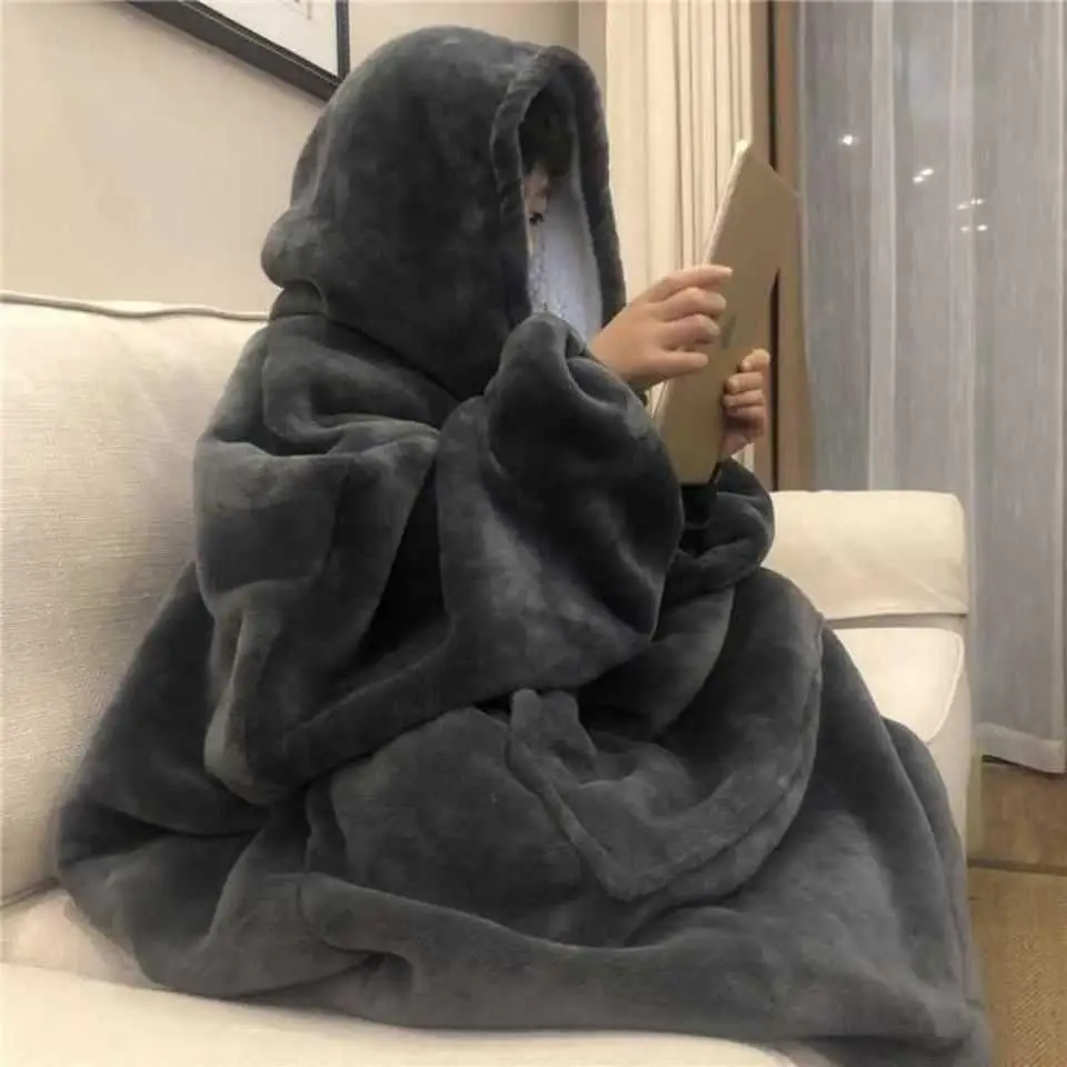 Flannel lazy blanket thickened long sleeve lazy quilt cloak sofa blanket warm office nap blanket long.