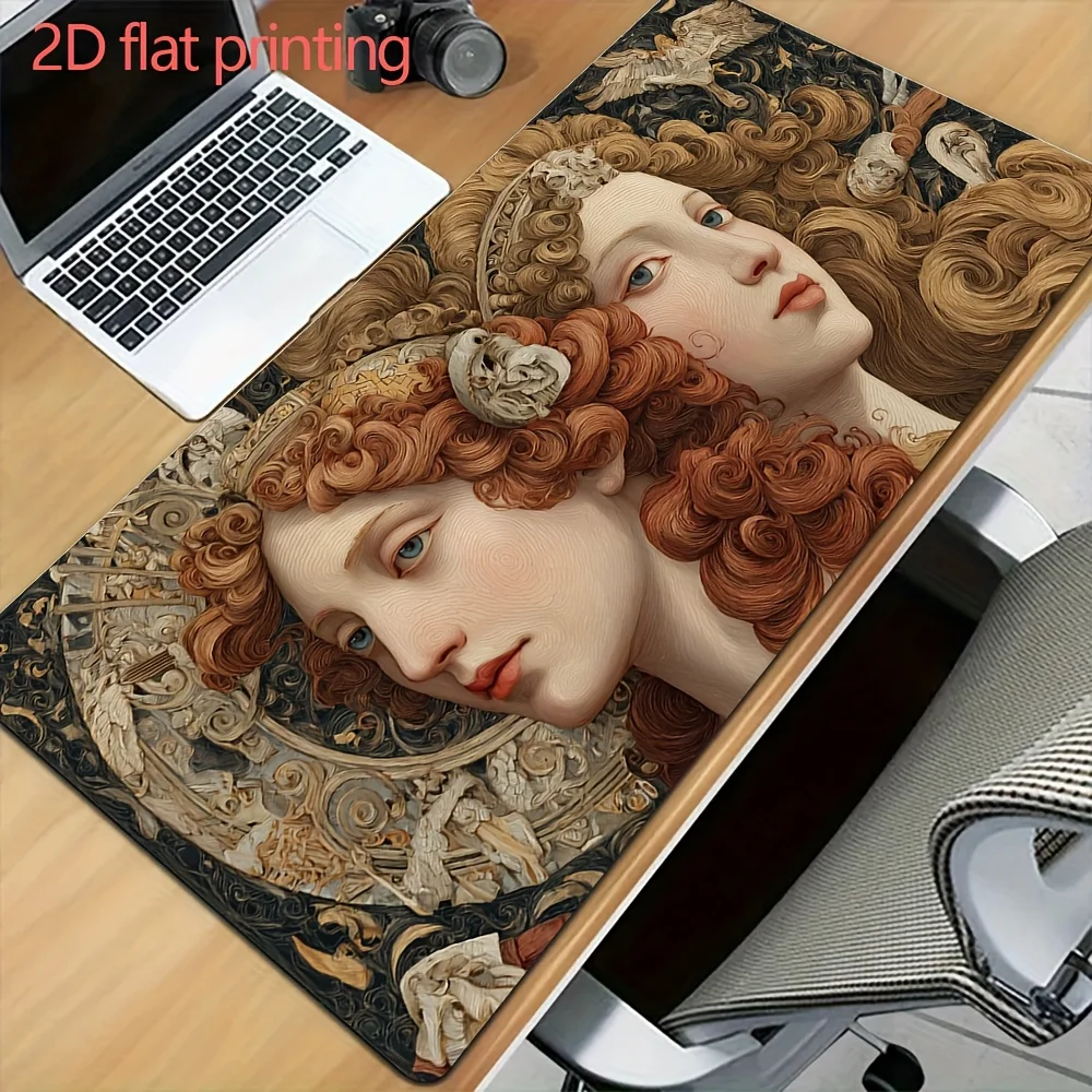 

Vintage Twin Goddess Desk Mat, Art Nouveau Female Portraits Extended Mouse Pad, Non-Slip Keyboard Pad