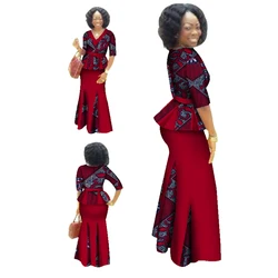 Traditional African Clothing 2 Piece Set Women Clothes Half Sleeve Maxi Dress Dashiki African Print Skirt free Scarf 6XL WY1435
