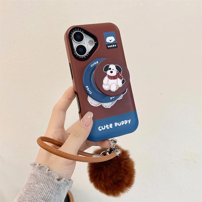Bonito dos desenhos animados cachecol filhote de cachorro magsafe caso de telefone para iphone 16 pro 15 14 13 12 pro max suporte magnético pelúcia lappet capa presente das meninas