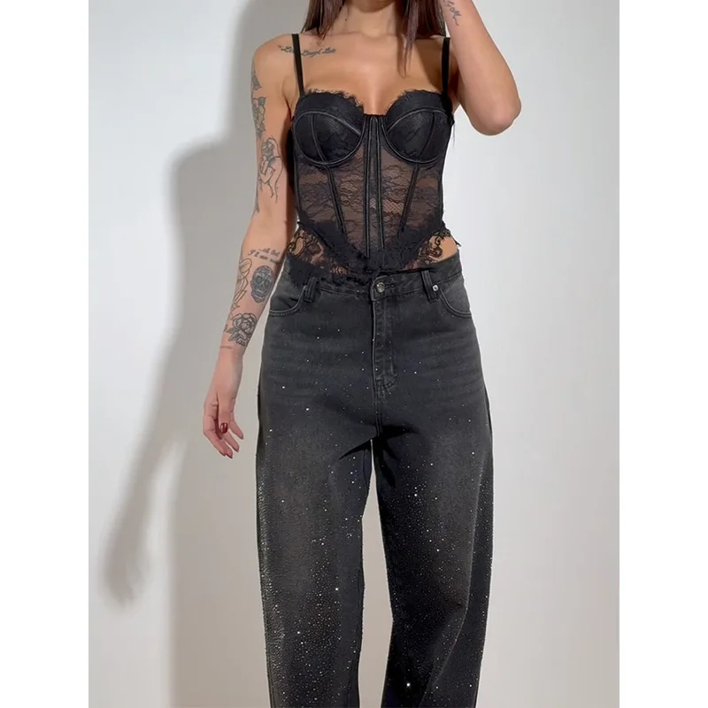 Picture 5: Slergiri Black Heavy Industry Rhinestone Wide Leg Jeans Women Fashion New 2026 Summer High Waist Y2k Baggy Straight Leg Pants