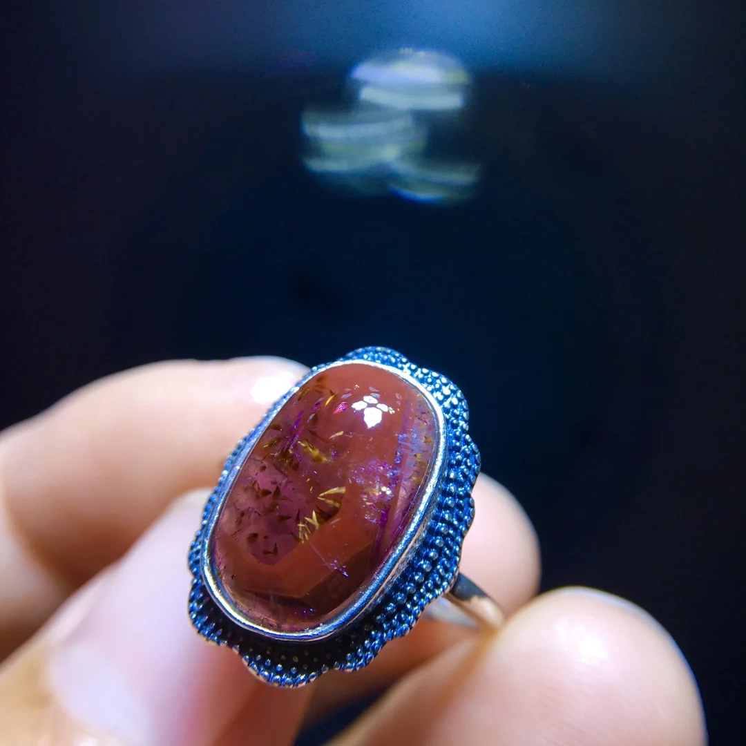

Natural Purple Cacoxenite Rutilated Adjustable Ring 14.3/8.8mm Fashion Gift Auralite 23 Ring Healing AAAAA