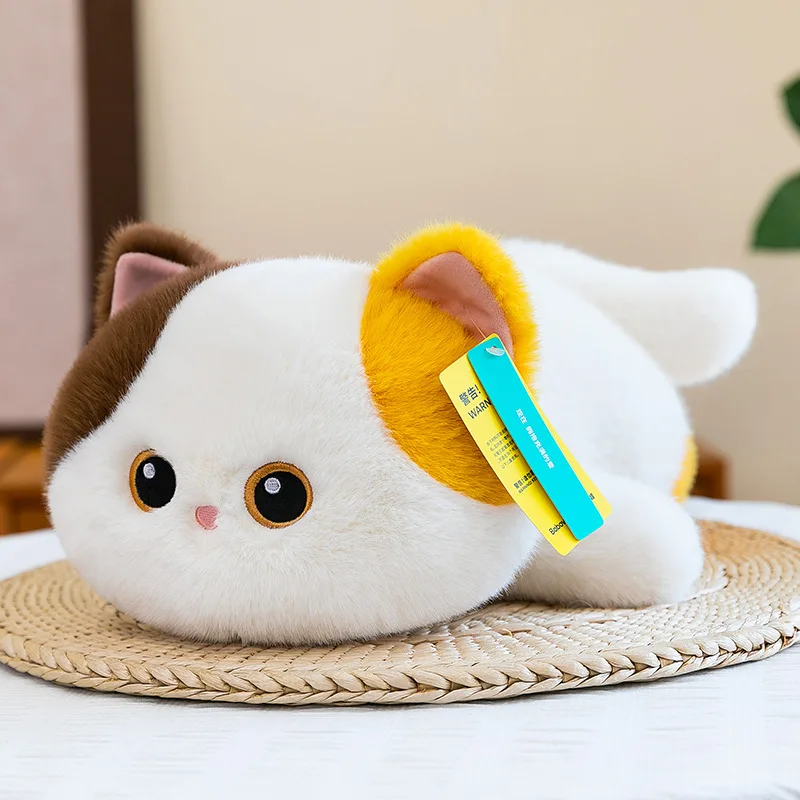 

35cm Cute Lying Cat Plush Pillow Black Calico Siamese Cat Stuffed Animal Doll for Home Decor and Gift Giving