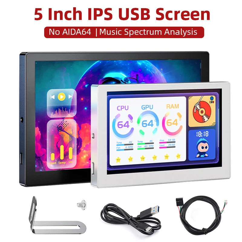 5 Inch IPS Type-C Secondary Screen 1024x600 Computer CPU GPU HDD Music Spectrum City Weather Monitor USB Display No AIDA64