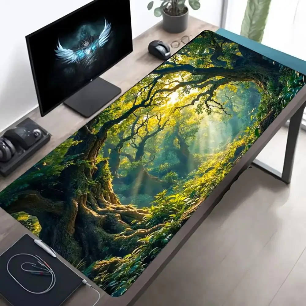 Large Gaming Mouse Pad Desk Mat Keyboard Pad Dark Mystic Green Ancient Forest Fantasy Landscape  Non Slip Rubber Base PC Laptop