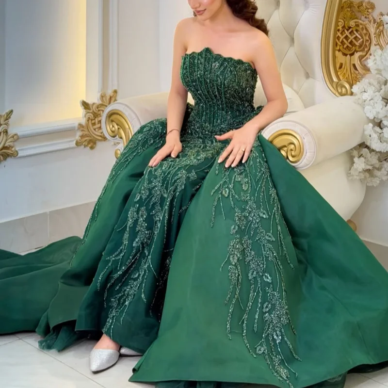 Dark Green Women's Dresses for Party Robe Prom Gown Turkish Sequin Pearl Flowers Decal Evening Gowns Glitter Long Suitable Reque