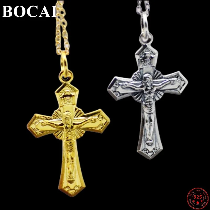 

BOCAI 100% стерлингового серебра S925 кулон для мужчин и женщин, новая мода, позолоченный крест с распятием Иисуса, ювелирные изделия