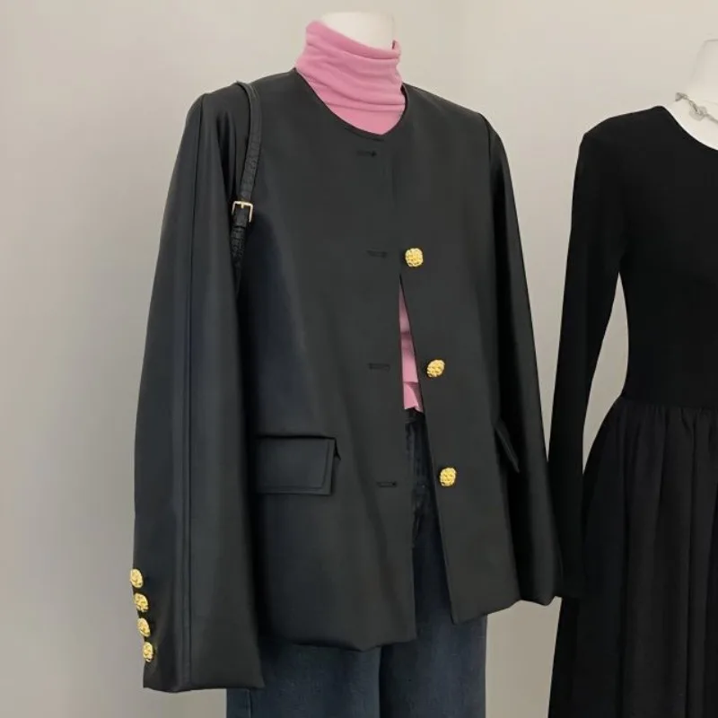 Pardessus texturé pour femme, manteau en cuir PU, col rond, veste adt, noir, loisirs, vêtements d'extérieur d'automne, printemps, nouveau, 2024