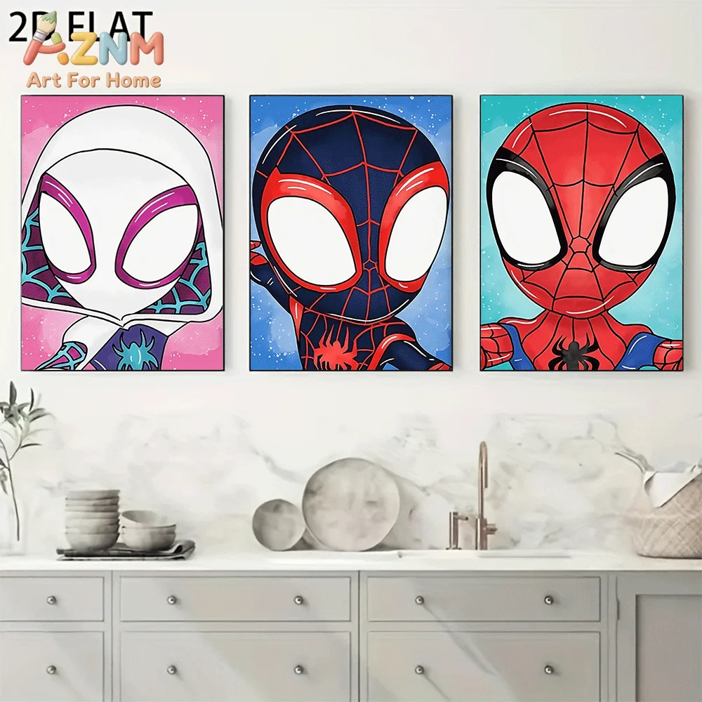 AZNM Cute Chibi Spider-Verse Characters Canvas Wall Art Frameless Poster Colorful Cartoon Superhero Print Home Decor for Boys Be