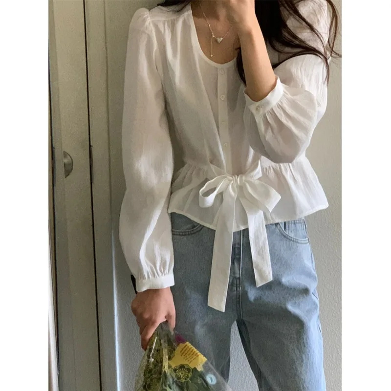 

ort Bubble Sve irt Women's Spring Autumn Design Sense Bow Waist Cinched round Ne Sweet Sle Pure Color Long Sve