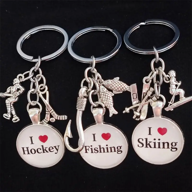 Portachiavi unico I Love Hockey Player, pesca sci portachiavi amo da pesca ciondolo donna uomo gioielli accessori regalo