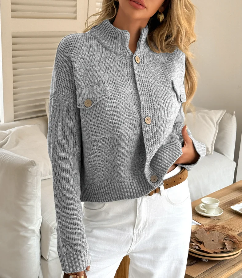 

2025 Autumn and Winter New Solid Color Stand Up Collar Slim Fit Casual Sweater Jacket for Women's Fashion Button Knit Jacket
