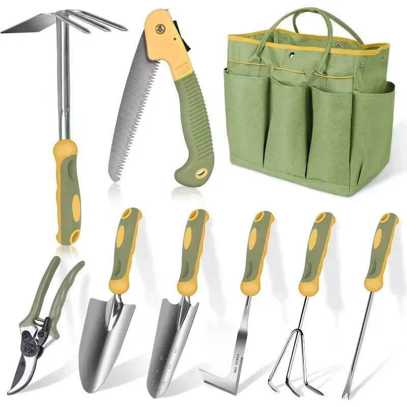

Home.Garden Tool Set, WisaKey 9 Piece Stainless Steel Heavy Duty Green Gardening Tools with Non-Slip Ergonomic Handle, Durabl