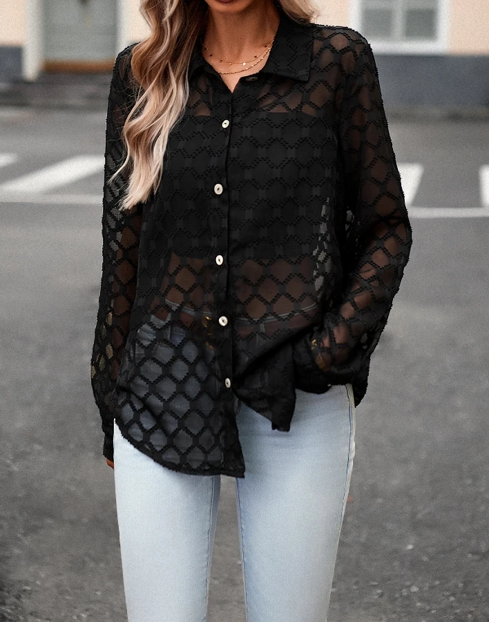 

Perspective Jacquard Shirt with Feminine Temperament Sexy Lapel Long Sleeved Loose and Thin Style Casual and Versatile Daily Top