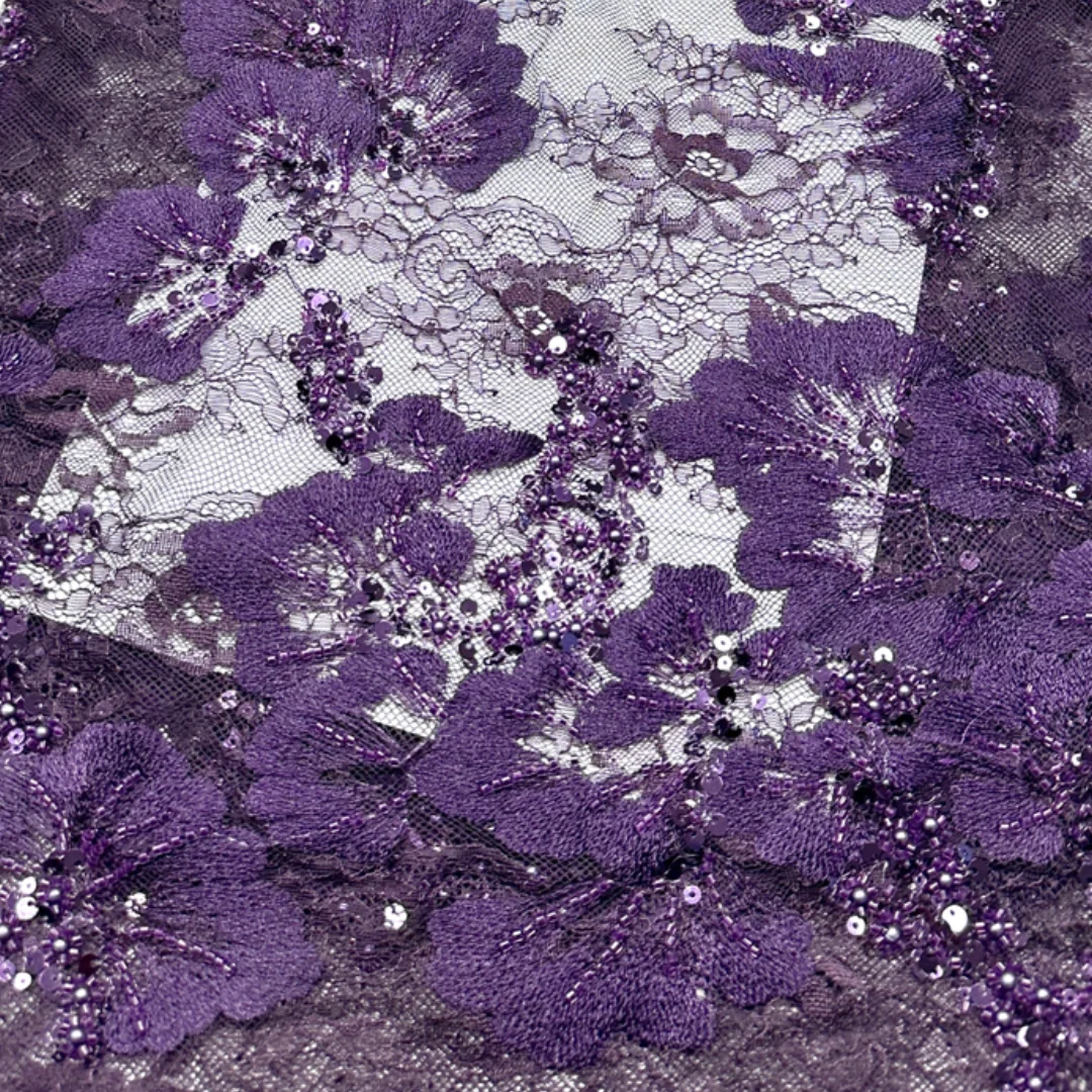 

Purple Floral Embroidery Mesh Lace Fabric High Quality Tulle Sequins Beaded Nigerian for Sewing Bridal Wedding Party Dress Women