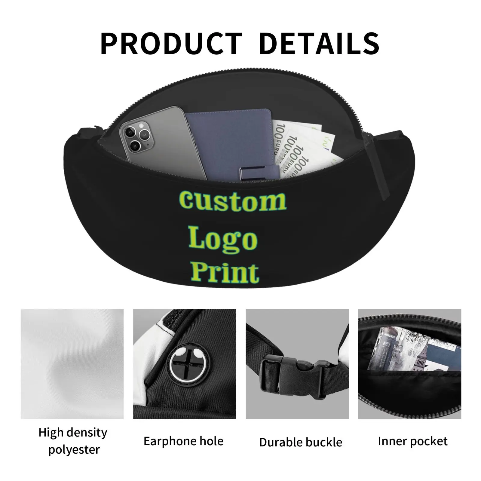 Custom Logo Waist Bag with Headphone Hole Belt Bag Adjustable Sling Pocket Fashion Hip Bum Bag for Women Men Kids