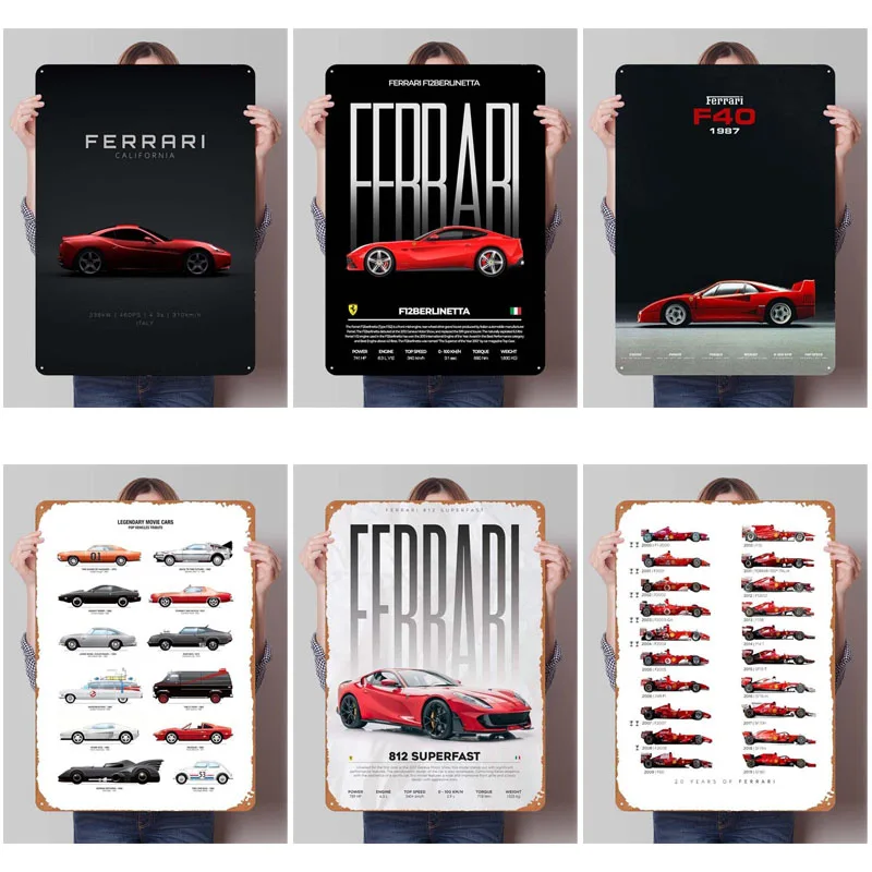 Ferrari Metal Posters Classic Car Tinplate Sign Gaming Room Decoration Home Custom Metal Signs for Garage Wall Art Decoration