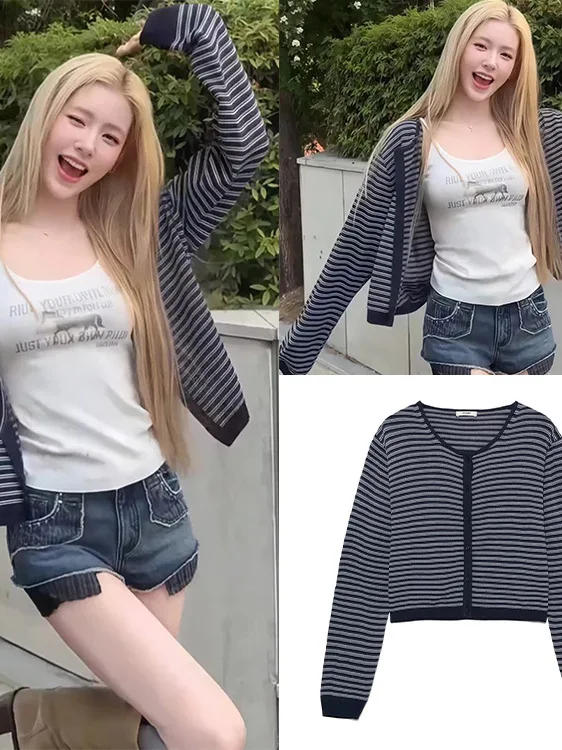 Zhaomeyan Women's Knitted Open Cardigan round Neck Thin Sun Protection High Waist Short Top Striped Korean Style Modified Acr...