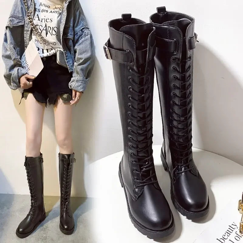 

New Winter Fashionable Boots Round Toe Mid-heel Cross-strap High Boots Comfortable Non-slip Enhance Personality Sexy Botas Mujer