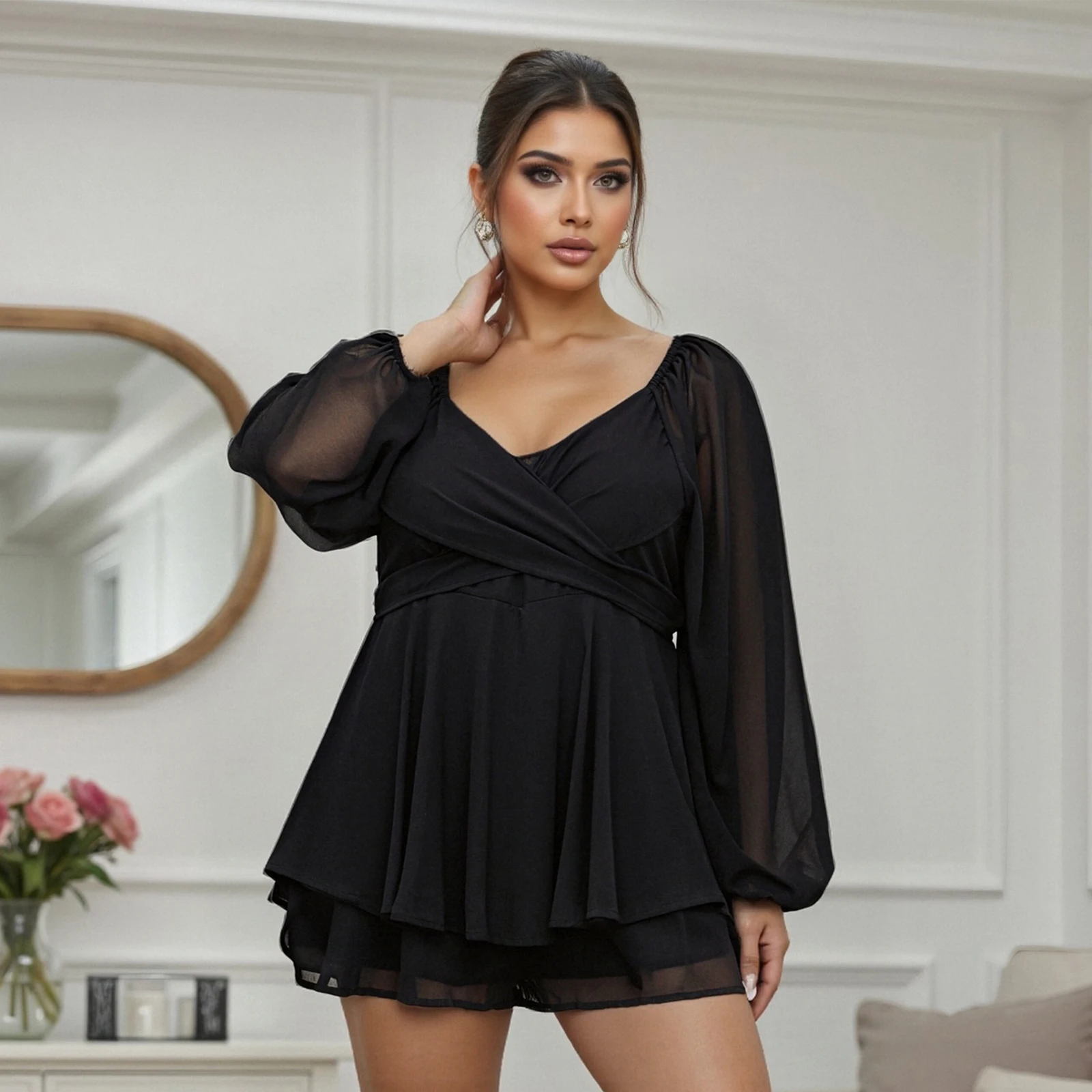 

2026 Fashion Women's Plus Size Chiffon Dress Solid Color V-Neck Long Lantern Sleeve Flowy Mini Dress Casual Work Dresses
