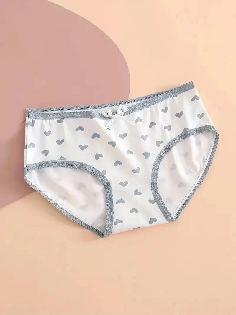 5pcs Heart Plaid Print Briefs Comfy Cute Bow Intimates Panties Women\'s Lingerie Underwear