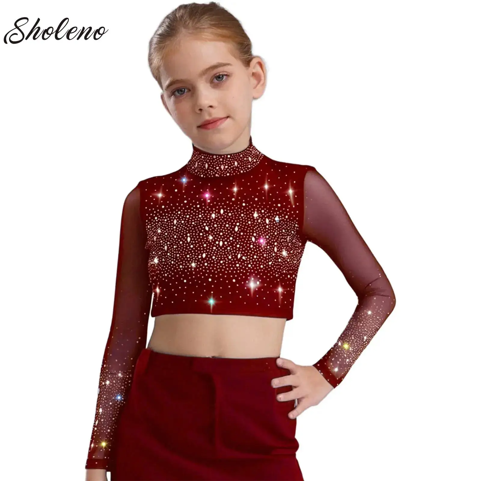 

Kids Girls Shiny Lyrical Modern Ballet Dance Tops Sheer Mesh Long Sleeve Workout Crop Top for Stage Performance Competition