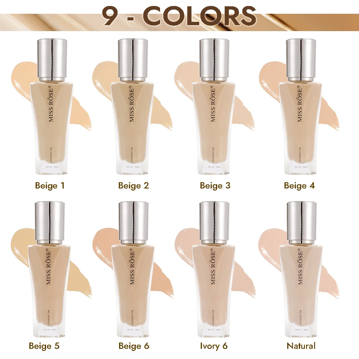 Base de Maquillaje MISS ROSE 30ml, Corrector Hidratante de Larga Duración, Iluminador, Ligero, Ajuste Suave, Crema Base Nude