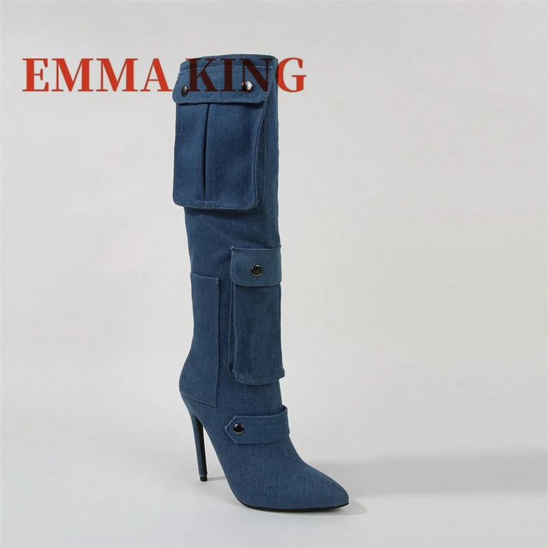 مثير جيب التفاصيل حذاء برقبة للركبة مدبب تو الخناجر أحذية عالية الكعب موضة أسود أبيض حفلة عادية الجانب سستة الأحذية #6