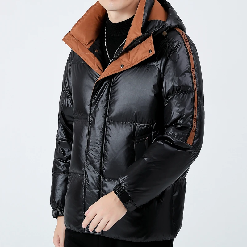 YEAE-Casaco com capuz grosso e quente para ganso masculino, impermeável a frio, casaco curto, roupas masculinas, brilhante, inverno, novo