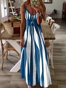 Image Sexy Sleeveless Dress Women Black White Stripe Printed Long Dresses Summer Casual Vacation Party Dress Robe