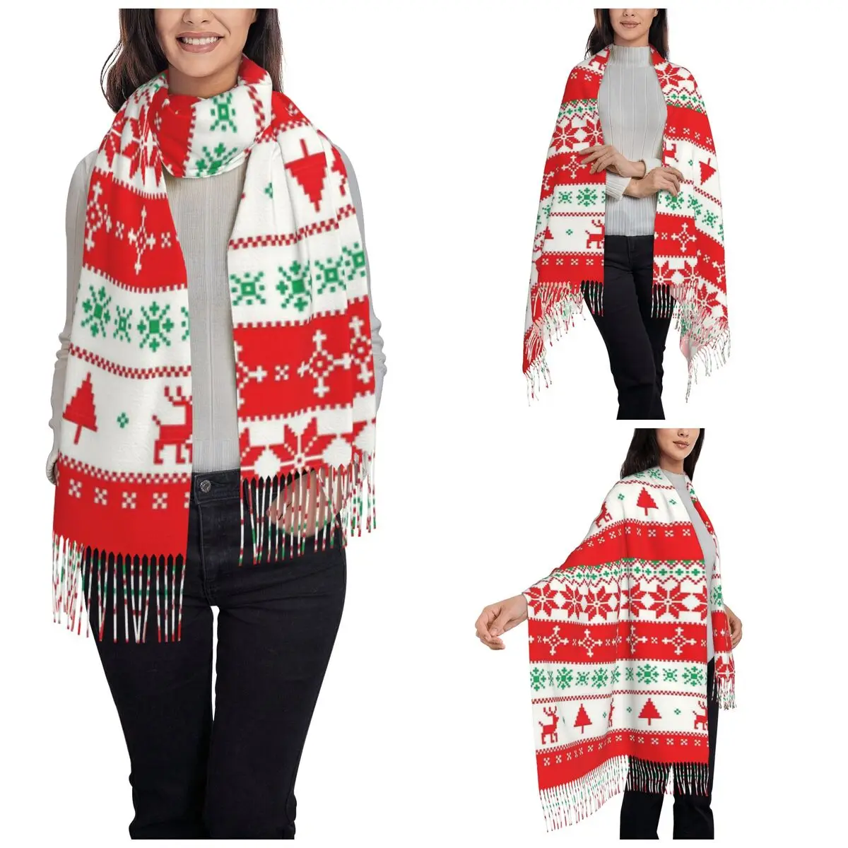 Christmas Reindeer Snowflake Scarf for Women Winter Fall Cashmere Shawl Wrap Deer Single-sided Pattern Scarves with Tassel