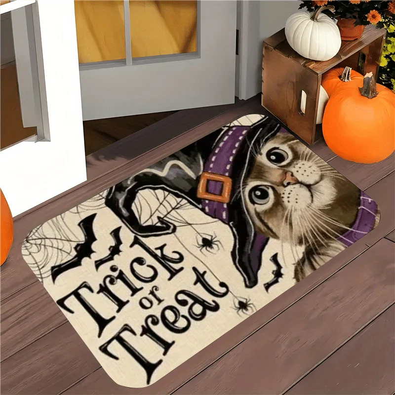 Pink Pumpkin Black Cat Bat Print Halloween Entry‑way Doormat, Spooky Holiday‑themed Floor Rug, Decorative Household Mat