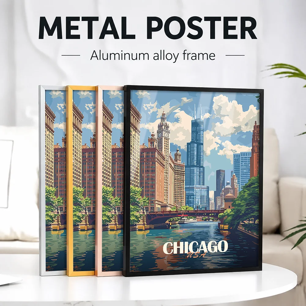 Chicago Skyline Travel Metal Poster With Aluminum Alloy Frame Personalized Photo Urban Style Wall Art For Lounge Birthday Gift