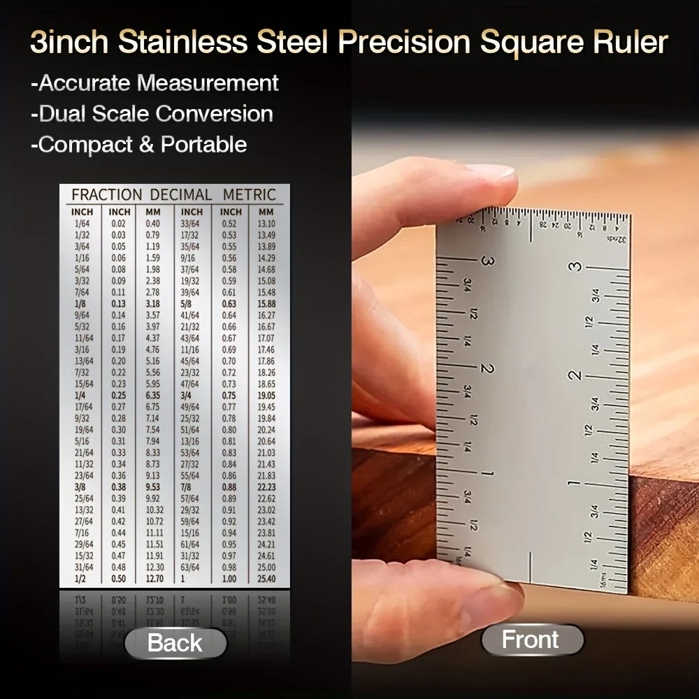 3-Inch Stainless Steel Precision Square Ruler, Dual Scale Metric/Imperial Conversion, Compact & Portable Pocket Measuring Tool
