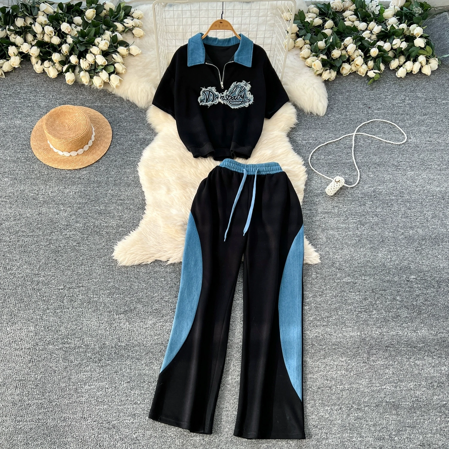 

Leisure Sports Sets Women Summer Fashion Denim Patchwork Lapel Short Sleeve Embroidery Tops + High Waist Wide Leg Pants Outfit