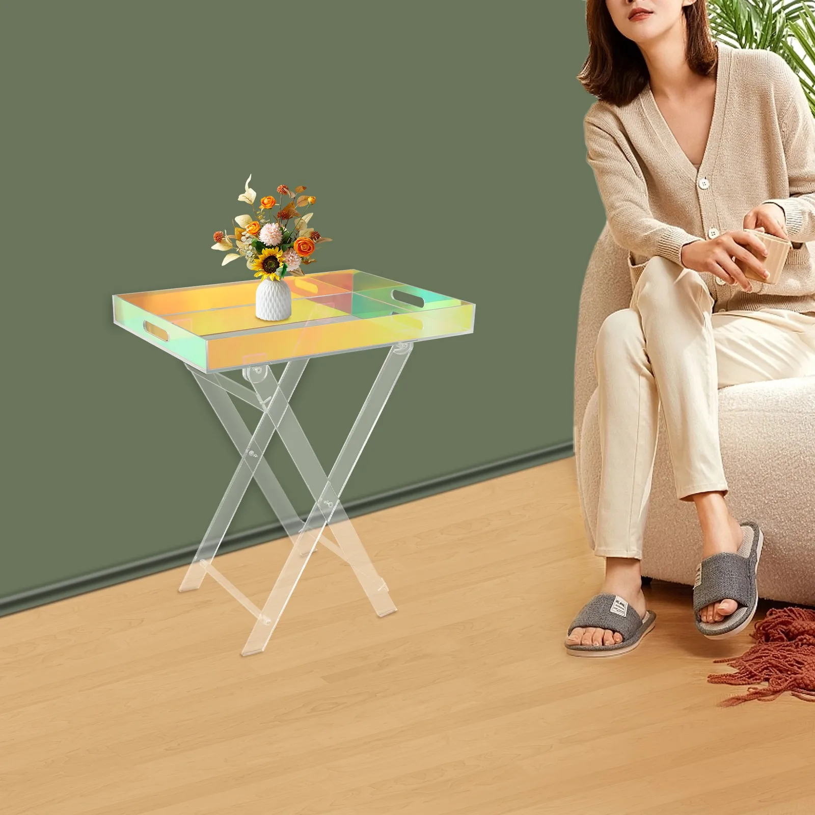 Stoliki kawiarniane Kolorowe akrylowe składane stoliki z tacką do salonu i sypialni Lekki, przenośny stolik pomocniczy