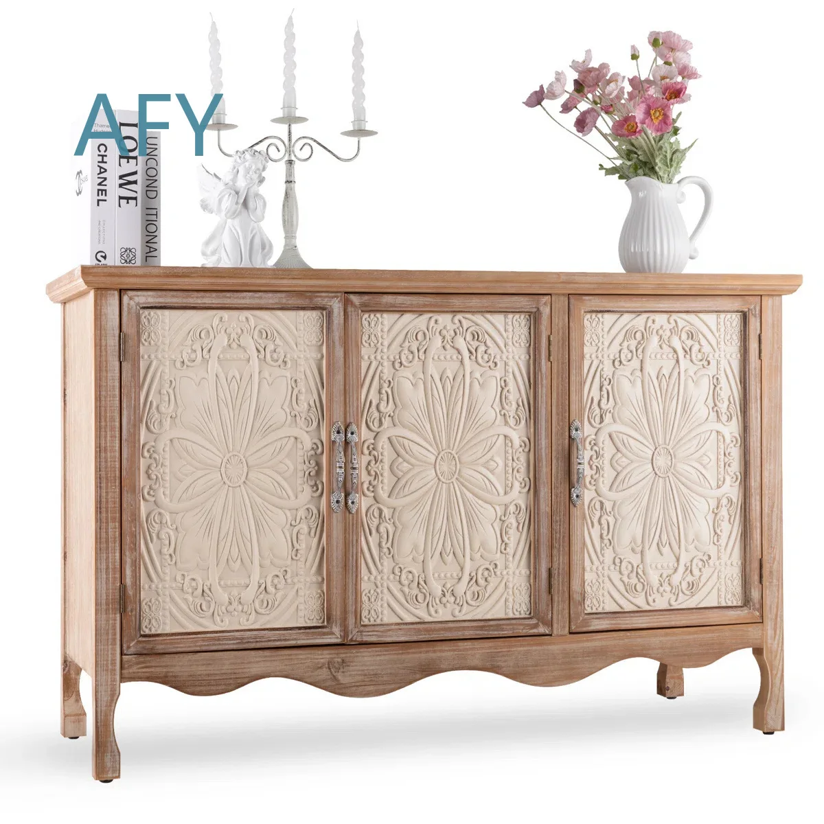 Medieval Wind Solid Wood Carved Sideboard Cabinet for Living Room Kitchen Multi Functional Storage Furniture for Farmhouse