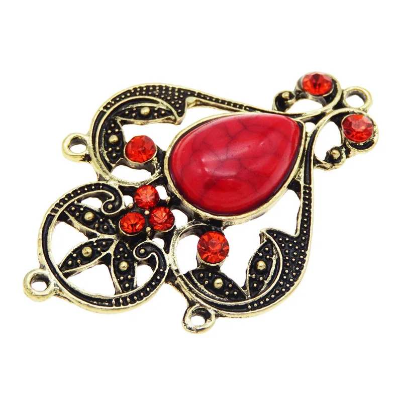 Wholesale 4pcs Antique Bronze Alloy Red Imitation Stone Charms Pendant Jewelry Findings Connector 46*35*8mm For Necklace