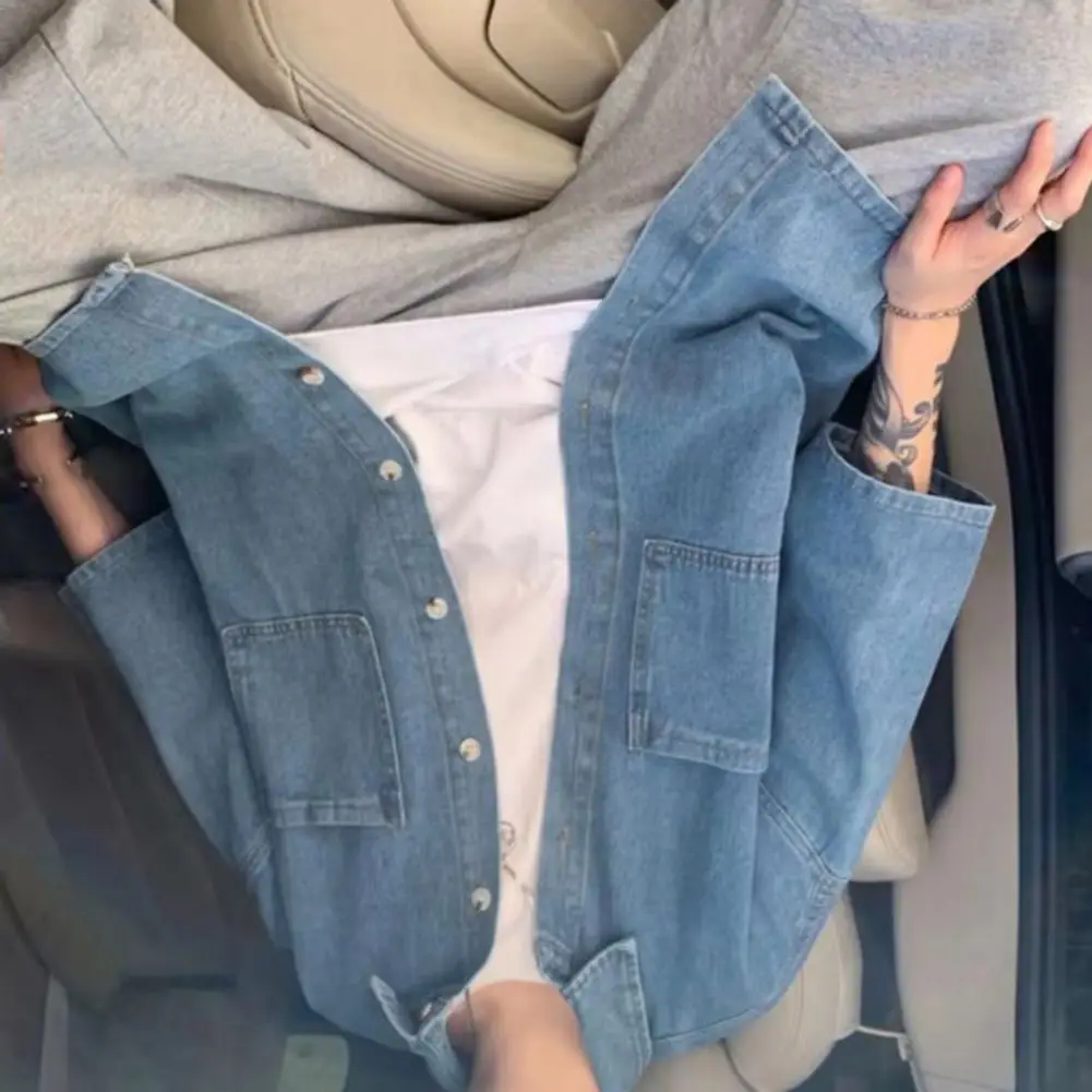 

Short-sleeve Denim Shirt 2025Men Button-down Lapel Chest Pockets Loose Fit Casual Shirt Summer Daily Wear Vacation Street Shirts