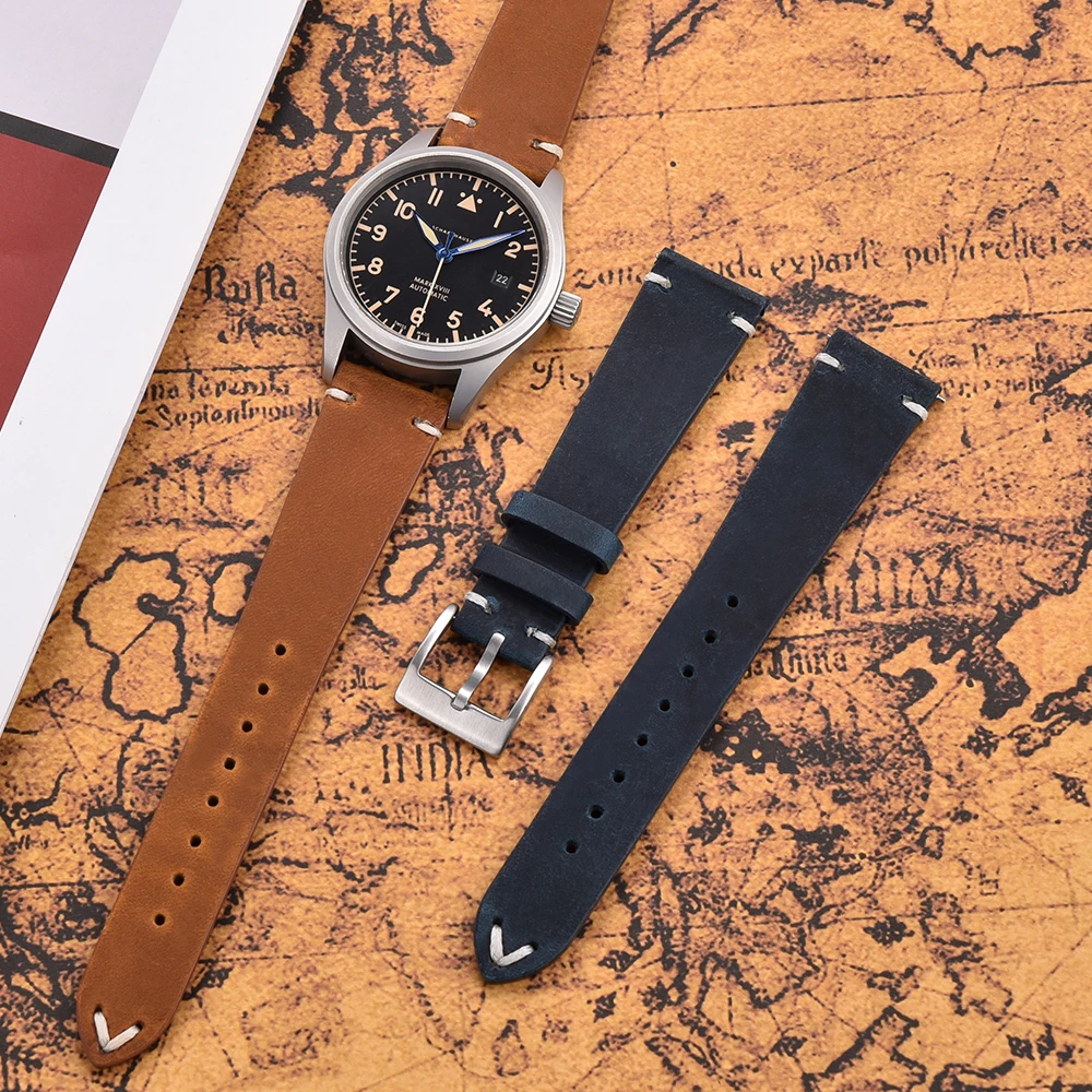 Vintage Stitched Leather Watch Strap 18mm 20mm 22mm Cowhide Leather Watchband For Huawei Watch Belt Quick Release Bracelet