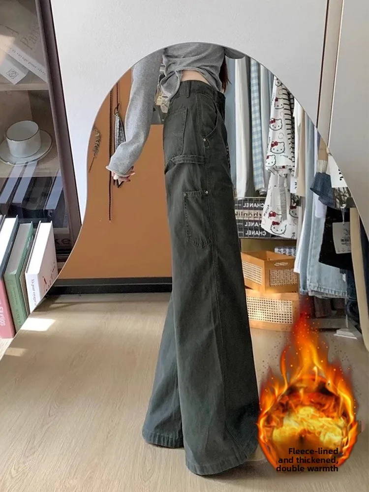 

plus Size High Waist Fleece Lined Denim Jeans Women's Autumn Winter Loose Wide Leg Straight Cut Workwear Trousers