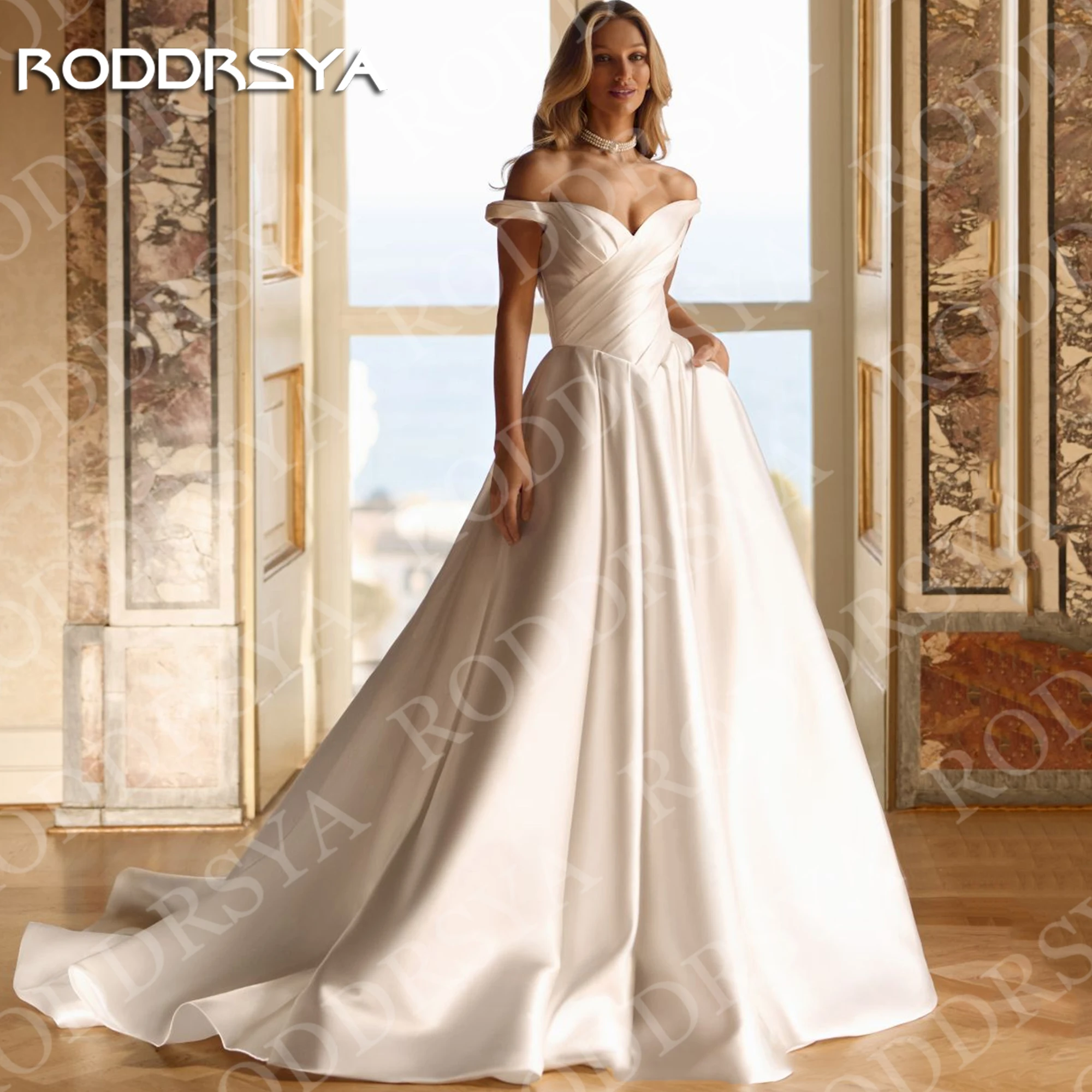 RODDRSYA Off Shoulder Satin A Line Wedding Dress Simple Elegant Ivory Bridal Dresses with Pockets Customized Vestidos De Novia