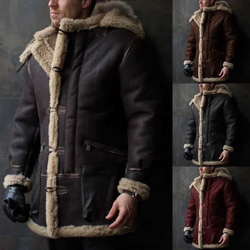 

Men Autumn Winter Coat Faux Leather Long Sleeve Solid Color Hooded Button Zippers Casual Warm Comfortable Regular Standard Fit