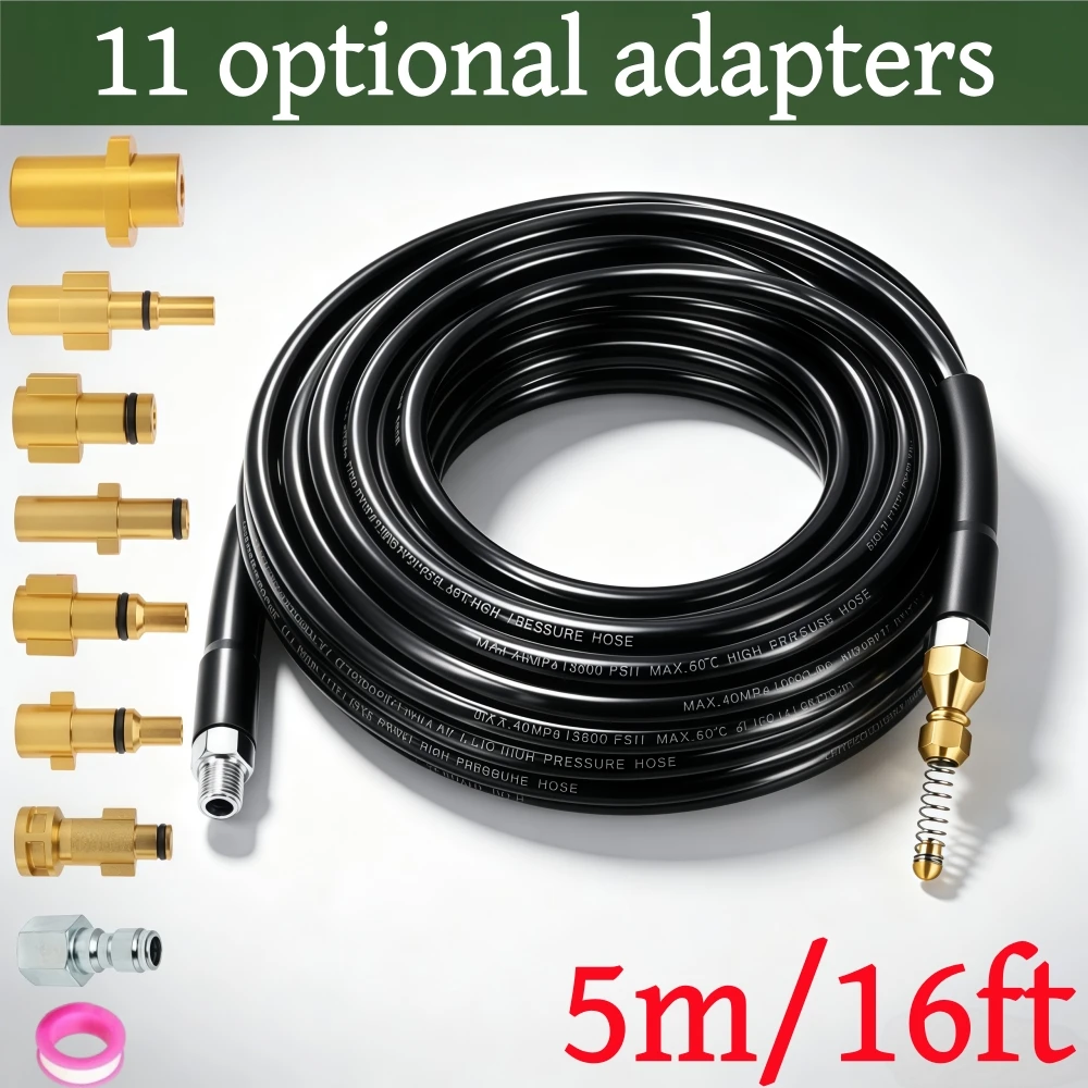 5m/16ft Pressure Washer Hose Sewer Drainage Cleaning Hose Pipe Cleaning Kit With Spring Nozzle, For Karcher Bosch Nilfisk Lavor