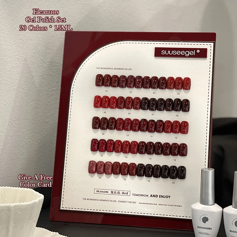 Eleanuo Autumn Red Series Gel Polishing 20PCS Mixed Semi Permanent Cherry Red UV Nail Salon Primer Finish Vintage Red Nail Glue